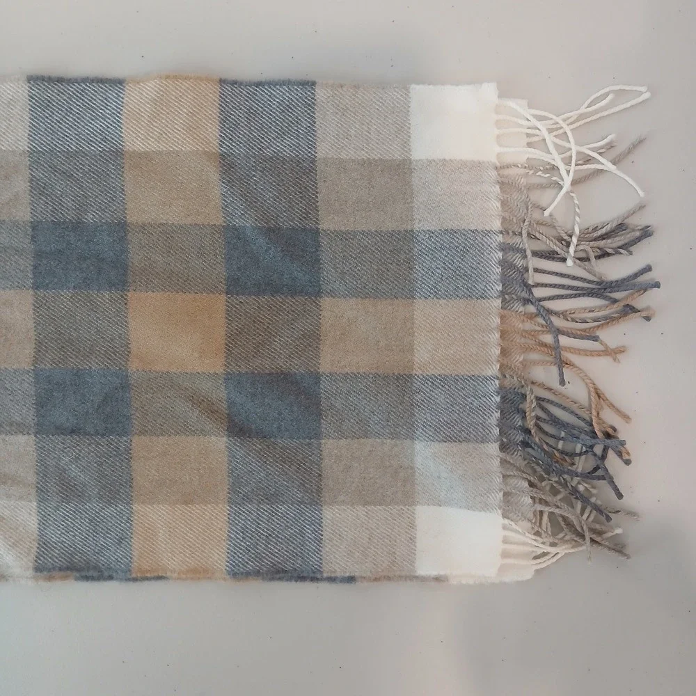 John Hanly Plaid Scarf Unisex OS Grey Tan 100% Merino Wool Made Ireland Fringe